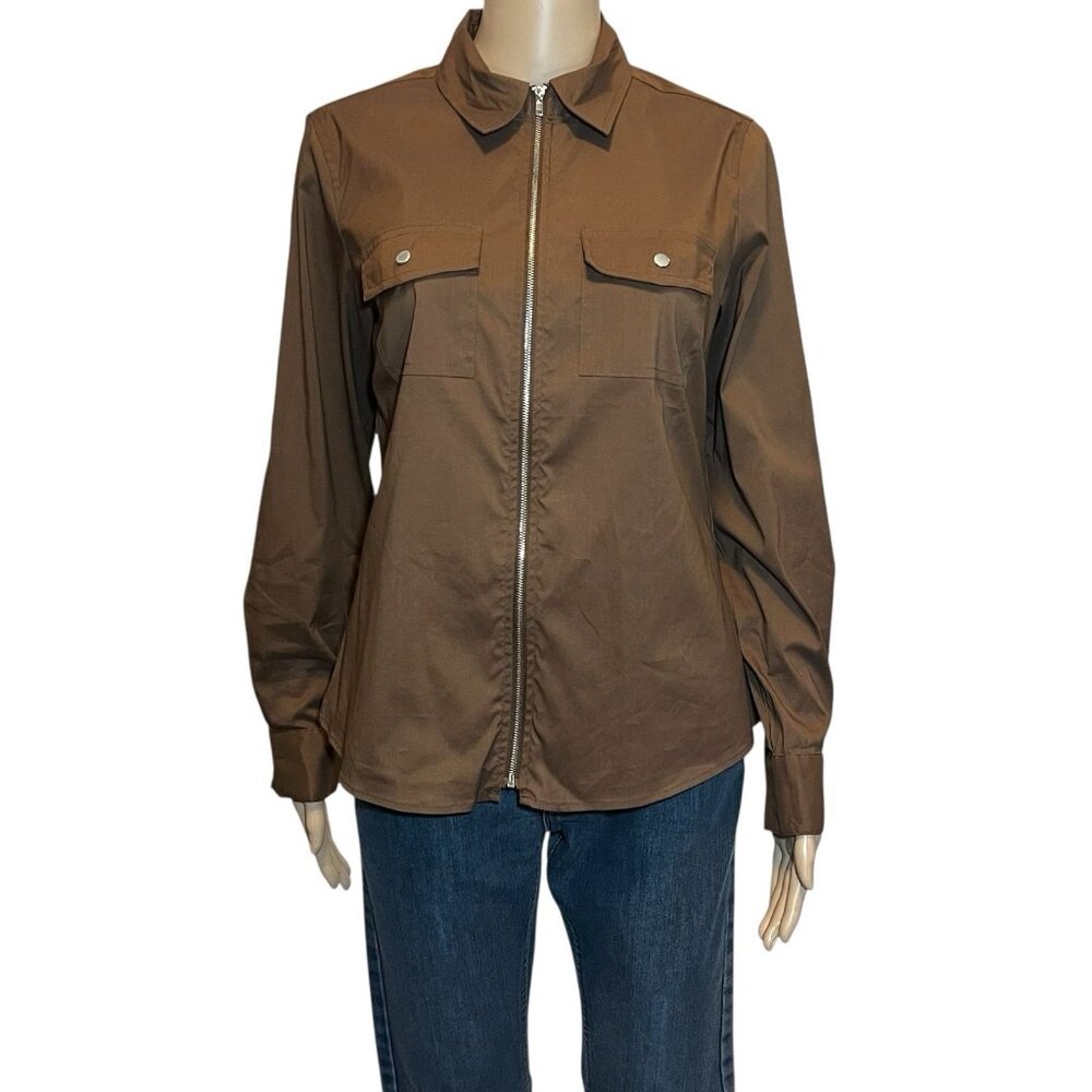 Tracy M. Women's Top Shirt Medium Size Brown Long Sleeve Y2K Full Zip Casual